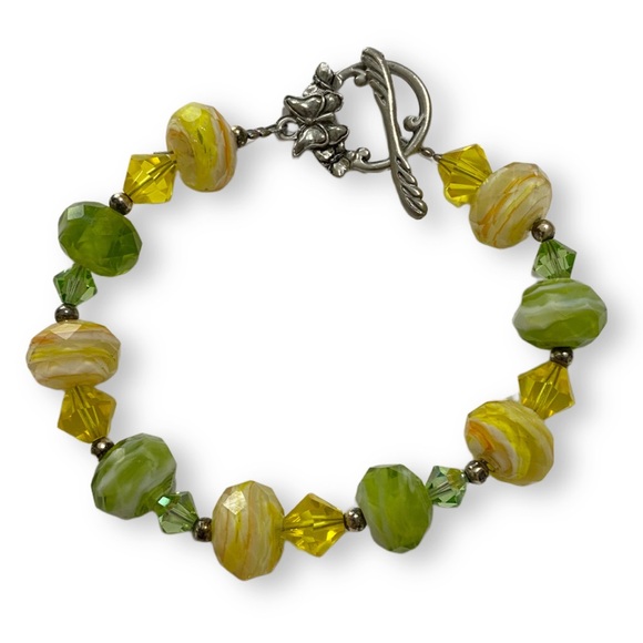 Handmade Green and Yellow Swarovski Crystal and Natural Stone Boho Bracelet - Picture 2 of 3